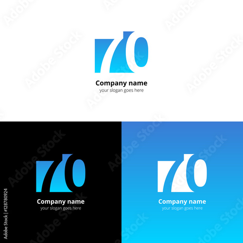 70 logo icon flat and vector design template. Monogram years numbers seven and zero. Logotype seventy with light blue gradient color. Creative vision concept logo, elements, sign, symbol.