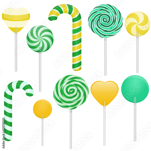 Vector illustration of different sweets. Candy cane, swirl lollipop, heart lollipop, round lollipop.