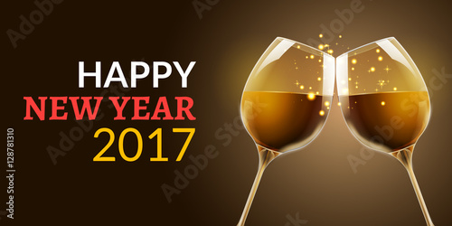 New Year eve 2017. Holiday illustration of two wine glasses. Drink luxury celebration of new year. Vector party alcohol decoration