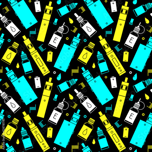 Vector seamless pattern of vape and accessories. Isolated on white background. Endless background electronic cigarette. Icons pattern for vape shop, e-cigarette store