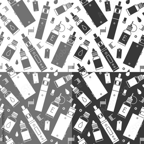 Vector seamless pattern of vape and accessories. Isolated on white background. Endless background electronic cigarette. Four choices of color combinations