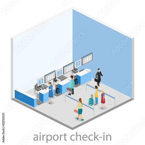 Isometric flat 3D vector interior of airport check-in. photo