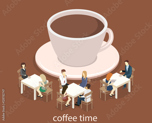 Isometric interior of coffee shop. flat 3D isometric design interior cafe or restaurant. People sit at tables and eat.