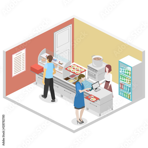 Isometric flat 3D vector interior of a coffee shop or canteen.