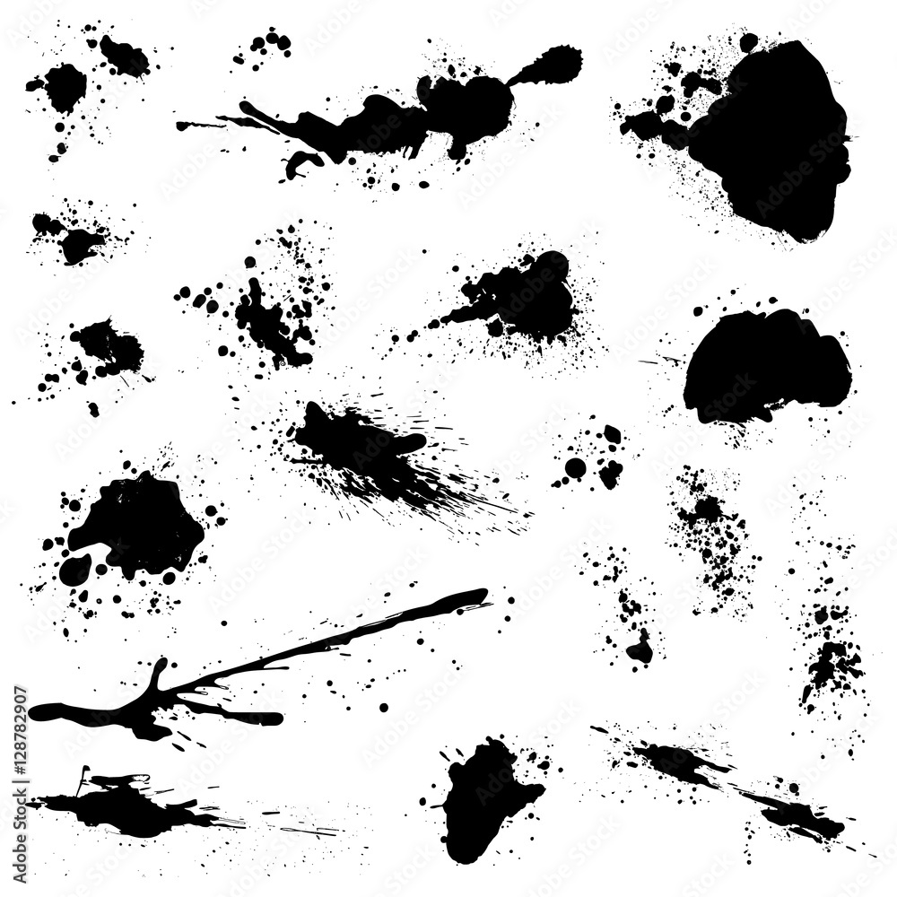 Set of black blots and ink splashes isolated on white background