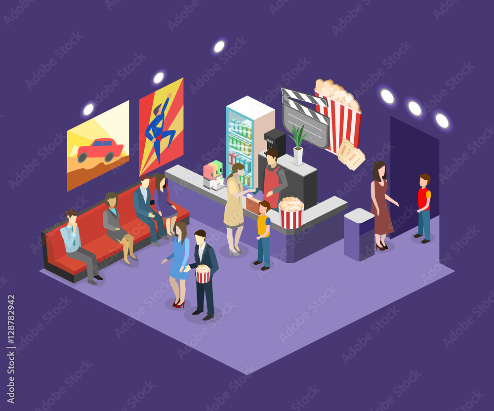 Isometric flat 3D concept vector interior of cinema waiting hall.