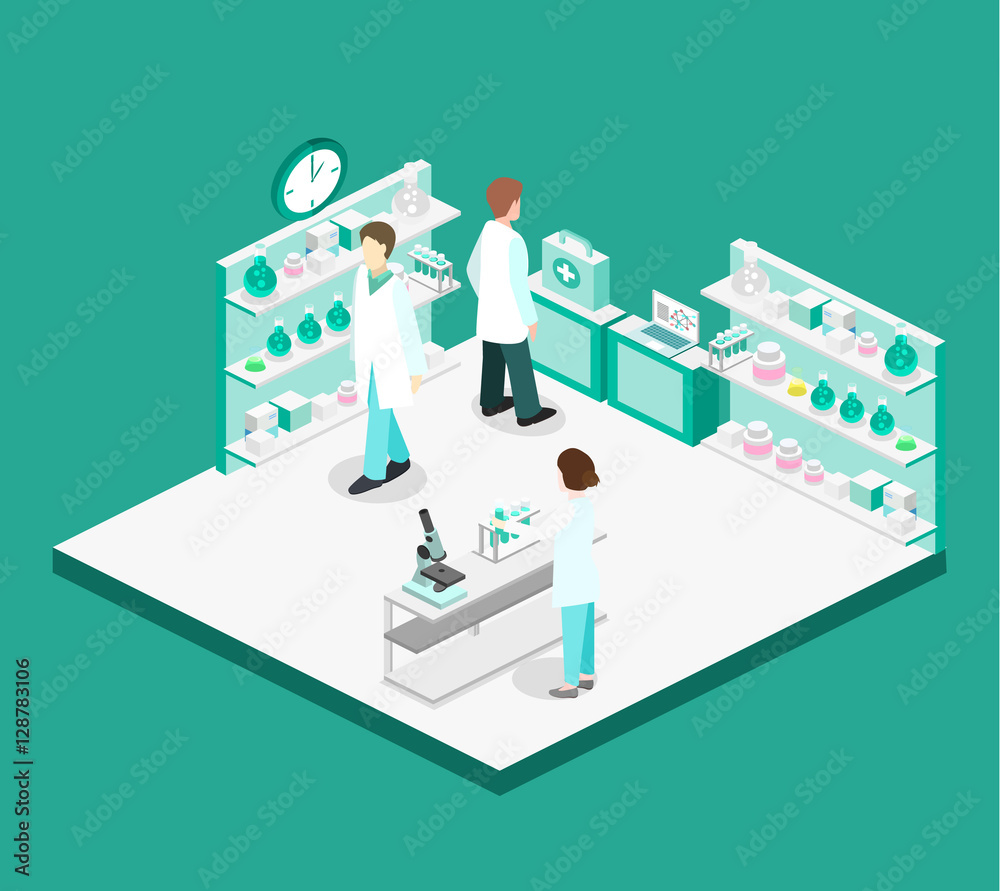 Isometric flat 3D concept vector interior of science laboratory.