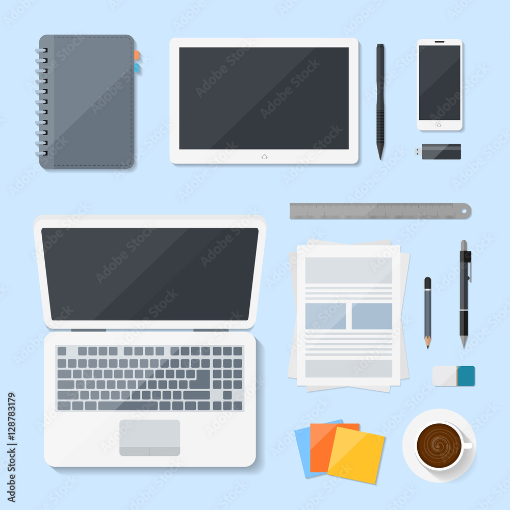 Top view Computer Laptop vector design on desk Top view Computer Laptop vector design on desk