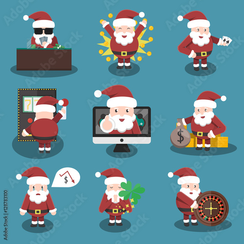 Collection of vector cartoon Santa Claus character in casino and poker situations and poses. Concept of Lucky New Year and Christmas.
