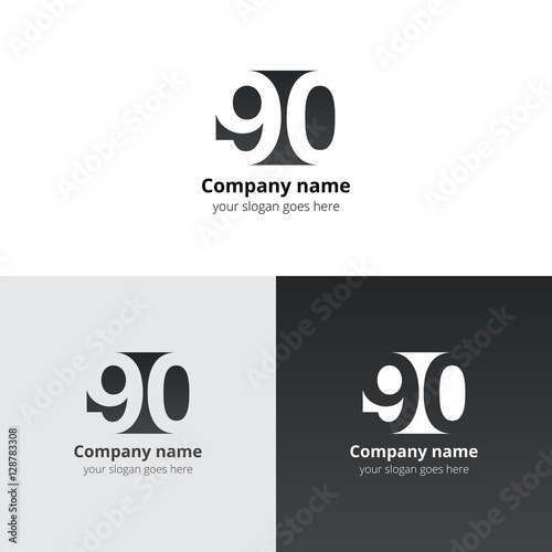 90 logo icon flat and vector design template. Monogram years numbers nine and zero. Logotype ninety with black grey gradient color. Creative vision concept logo, elements, sign, symbol for card,