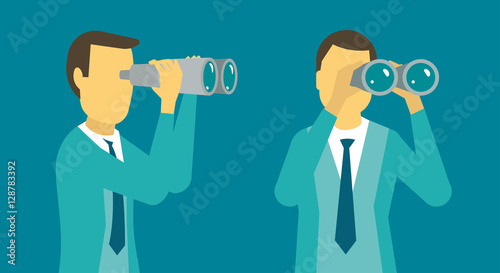 Person man looking ahead in the right through binoculars.