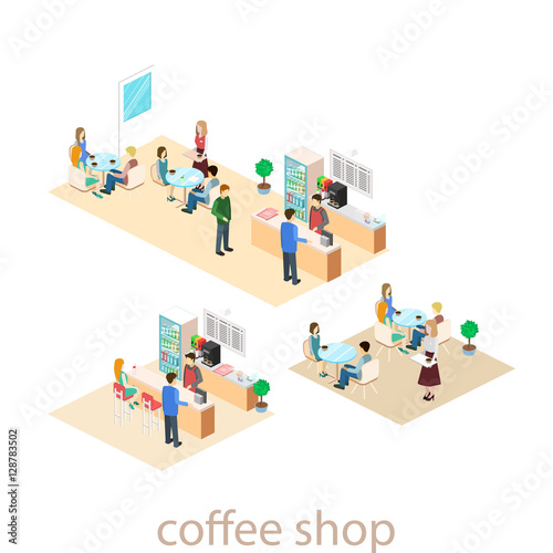 Isometric interior of coffee shop. flat 3D isometric design interior cafe or restaurant. People sit at tables and eat.