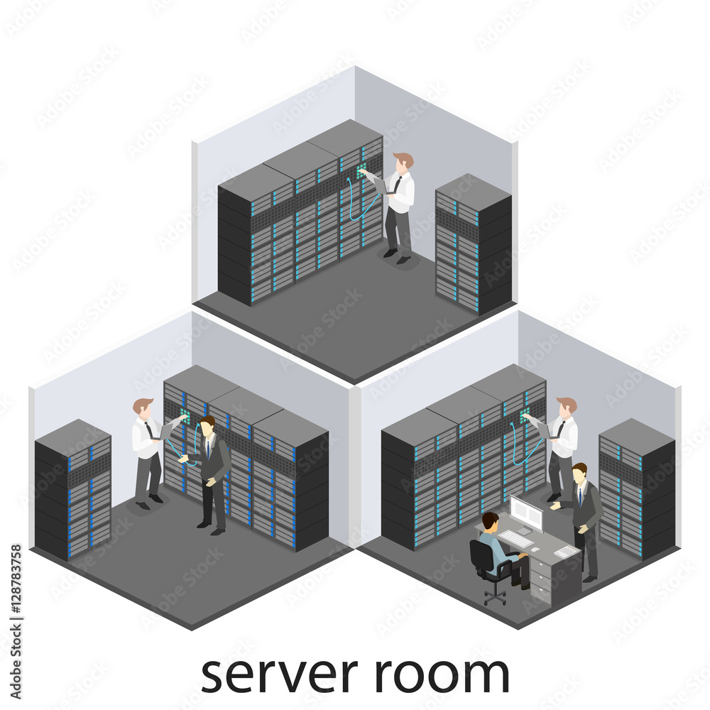 Vetor de isometric interior of server room. Flat 3D illustration. do ...