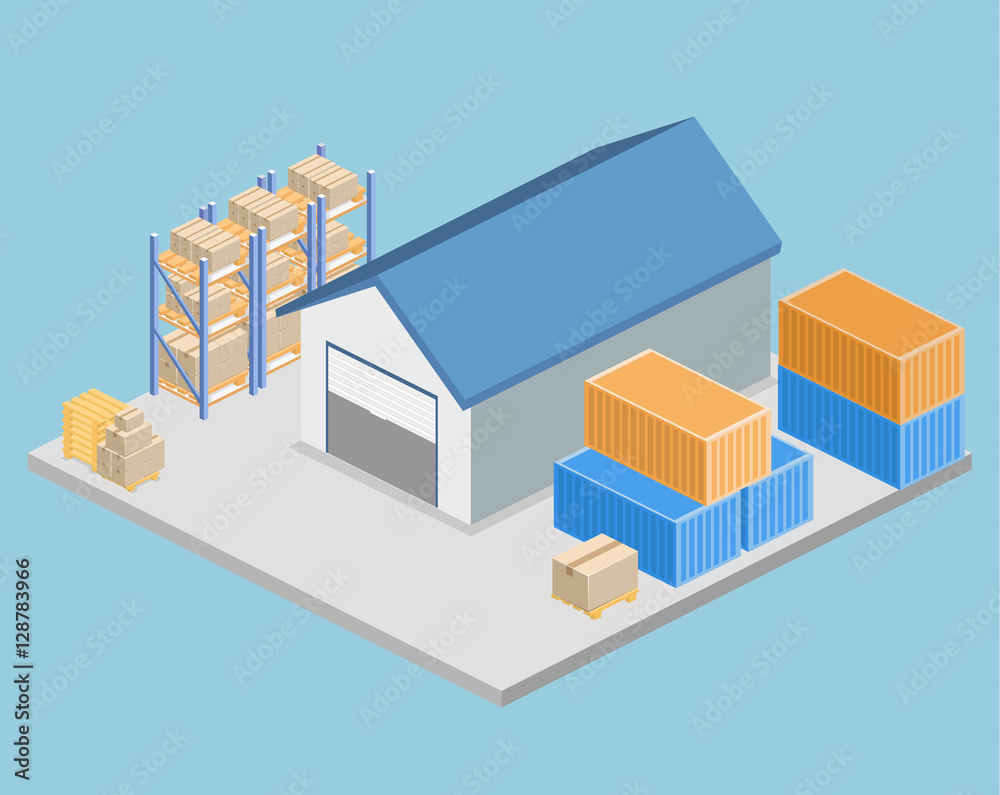 Isometric flat 3D concept vector warehouse outside.