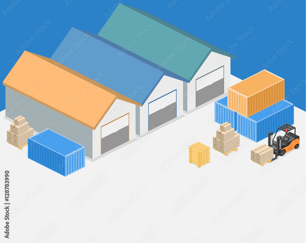 Isometric flat 3D concept vector warehouse outside. Isometric flat 3D concept vector warehouse outside.