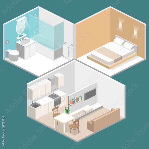 Isometric flat 3D vector interior kitchen, bathroom, living room bedroom