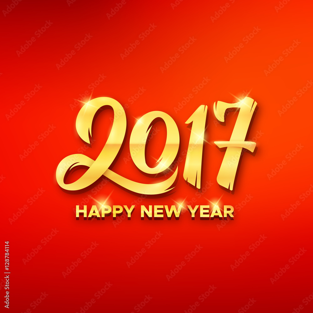 Happy New Year 2017 gold calligraphic text on red blurred background. Greeting card design with lettering for winter holidays. Vector illustration Happy New Year 2017 gold calligraphic text on red blurred background. Greeting card design with lettering for winter holidays. Vector illustration