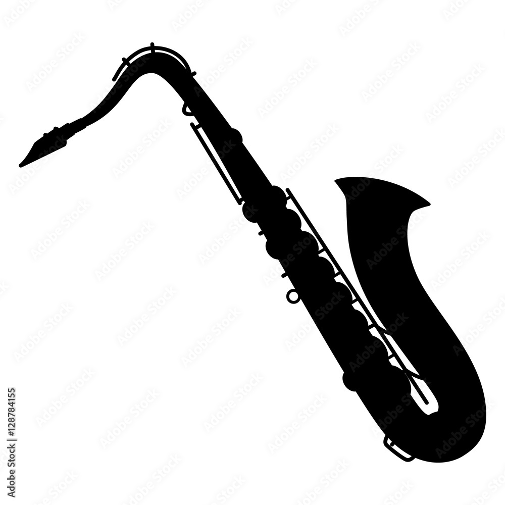An isolated silhouette of a saxophone on a white background. Vector illustration - obrazy, fototapety, plakaty 