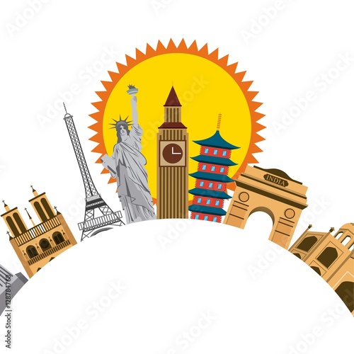 iconics monuments of the world and sun icon over white background. colorful design. vector illustration