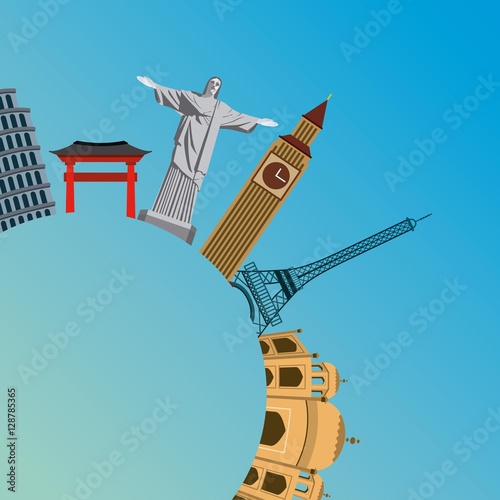 iconics monuments of the world over blue background. colorful design. vector illustration