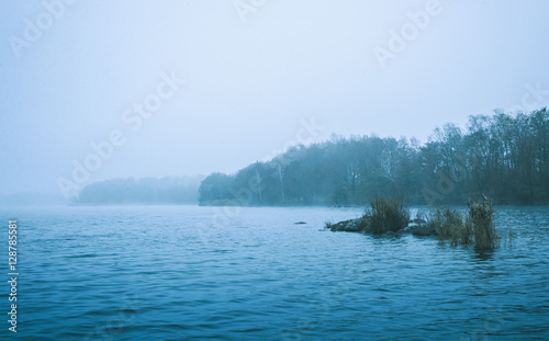 Winter scene of a cold bleak lake and forests