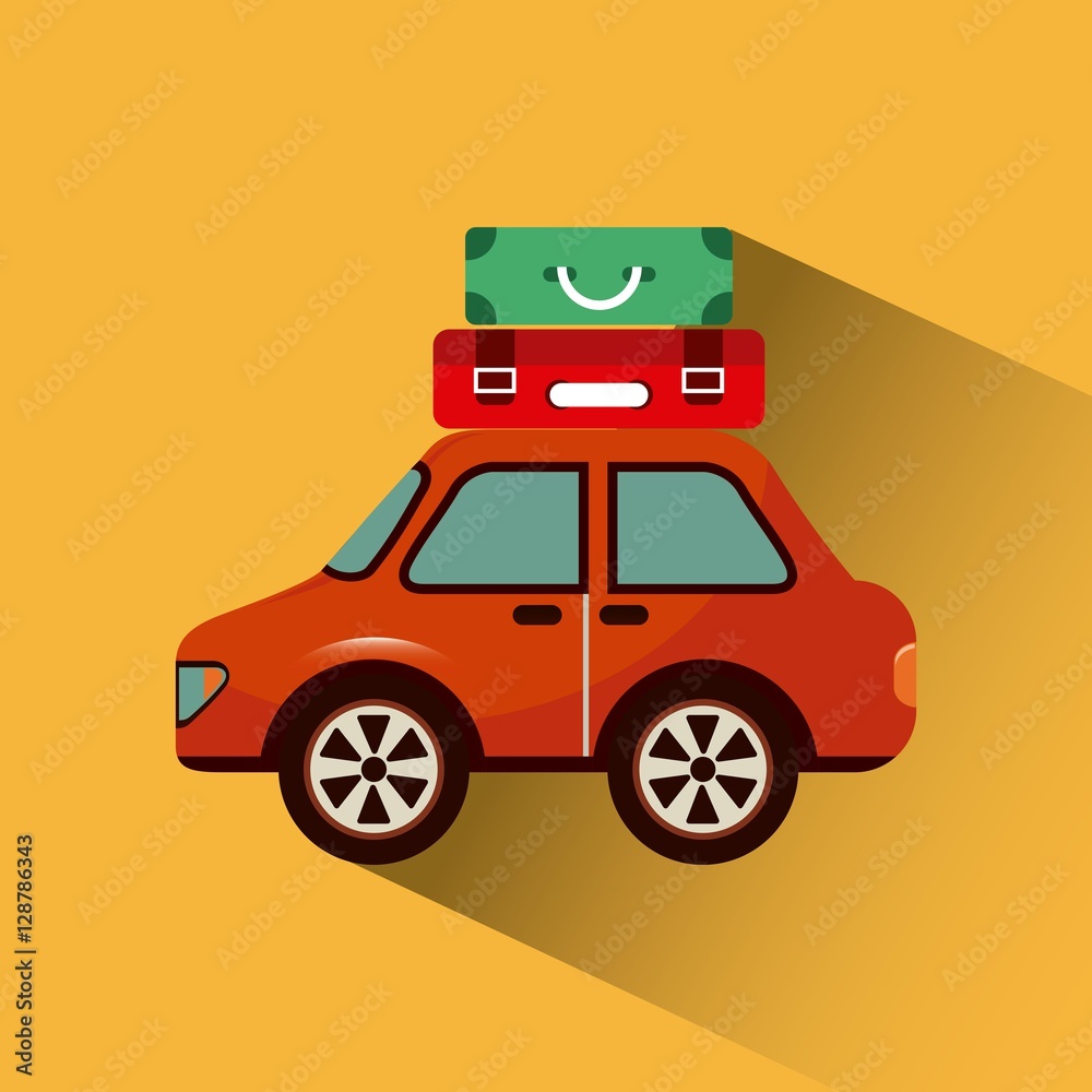 red car with suitcases over yellow background. travel and tourism concept. colorful design. vector illustration
