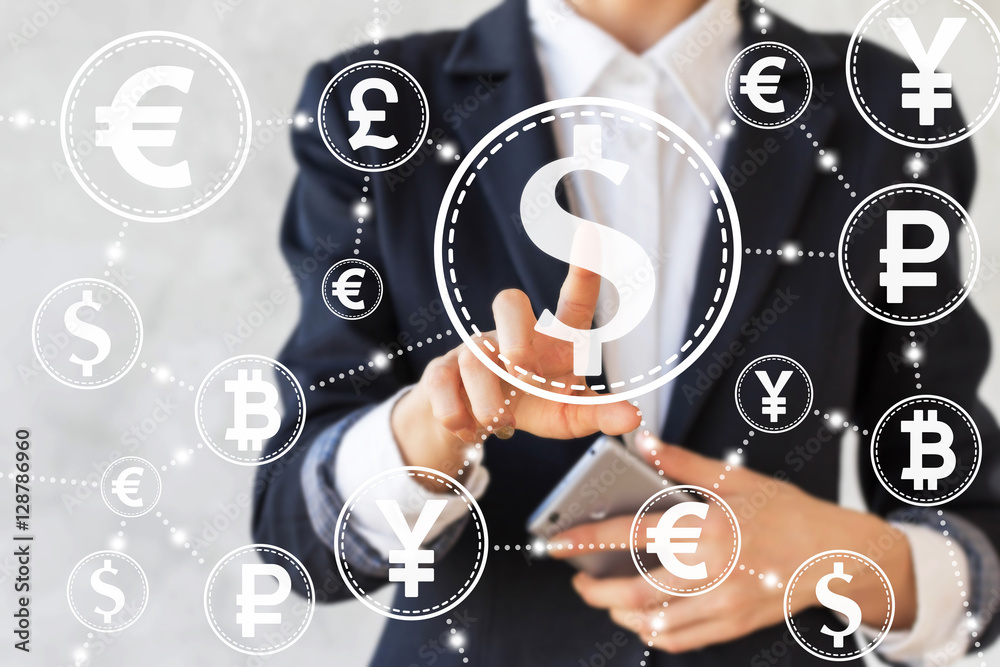 Businesswoman touched dollar symbol on touch screen on background of network currency. Businessman presses dollar button. Business concept, finance, web, internet, money, technology, stock. Insurance. Businesswoman touched dollar symbol on touch screen on background of network currency. Businessman presses dollar button. Business concept, finance, web, internet, money, technology, stock. Insurance.