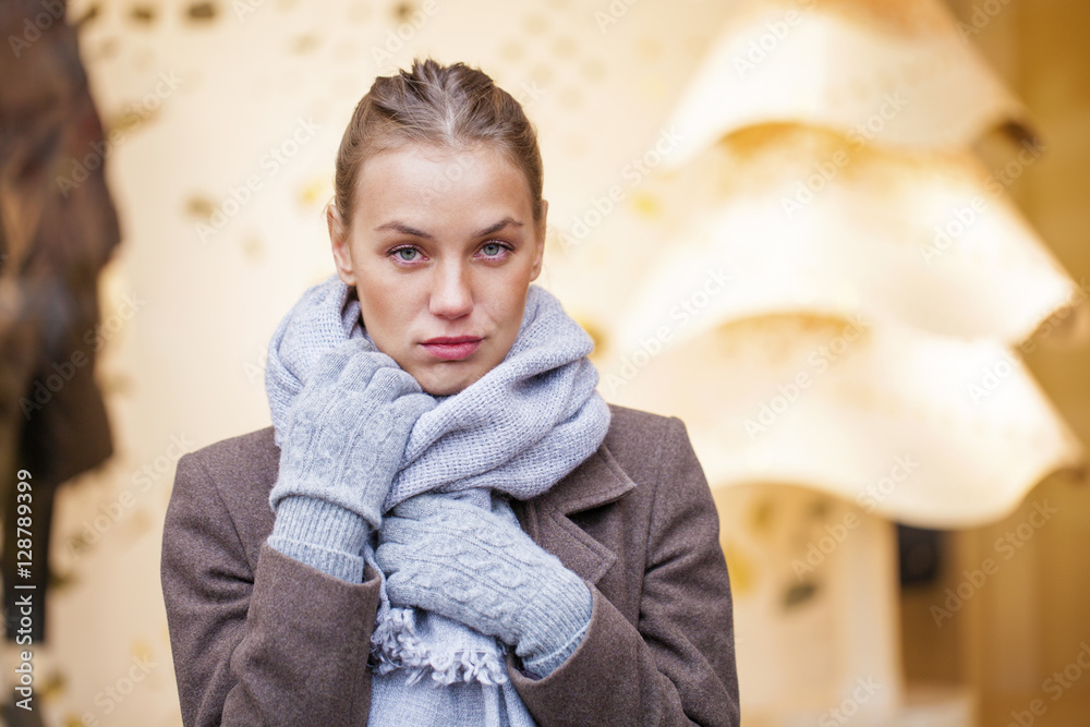 Portrait of a young beautiful woman in gray coat Portrait of a young beautiful woman in gray coat