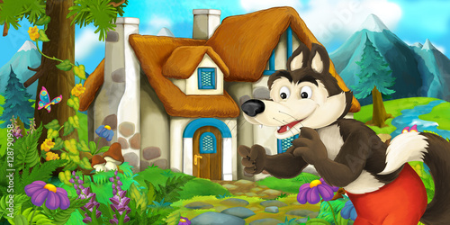 Fototapeta Cartoon scene with wolf near village house - illustration for children