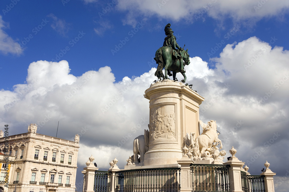 Praca do Comercio with the statue of King Jose I in downtown of Lisbon, Portugal, Europe