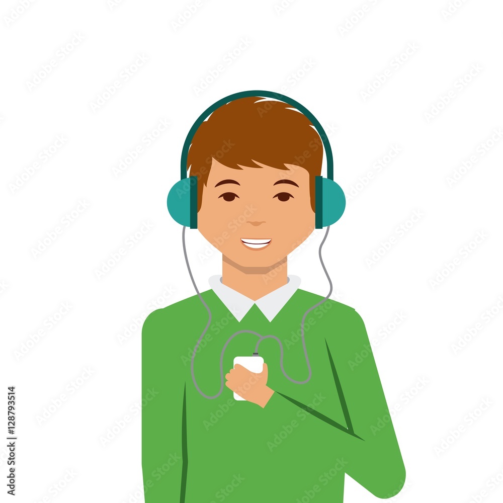 cartoon man smiling wearing casual clothes and with headphones and music player over white background. colorful design. vector illustration cartoon man smiling wearing casual clothes and with headphones and music player over white background. colorful design. vector illustration
