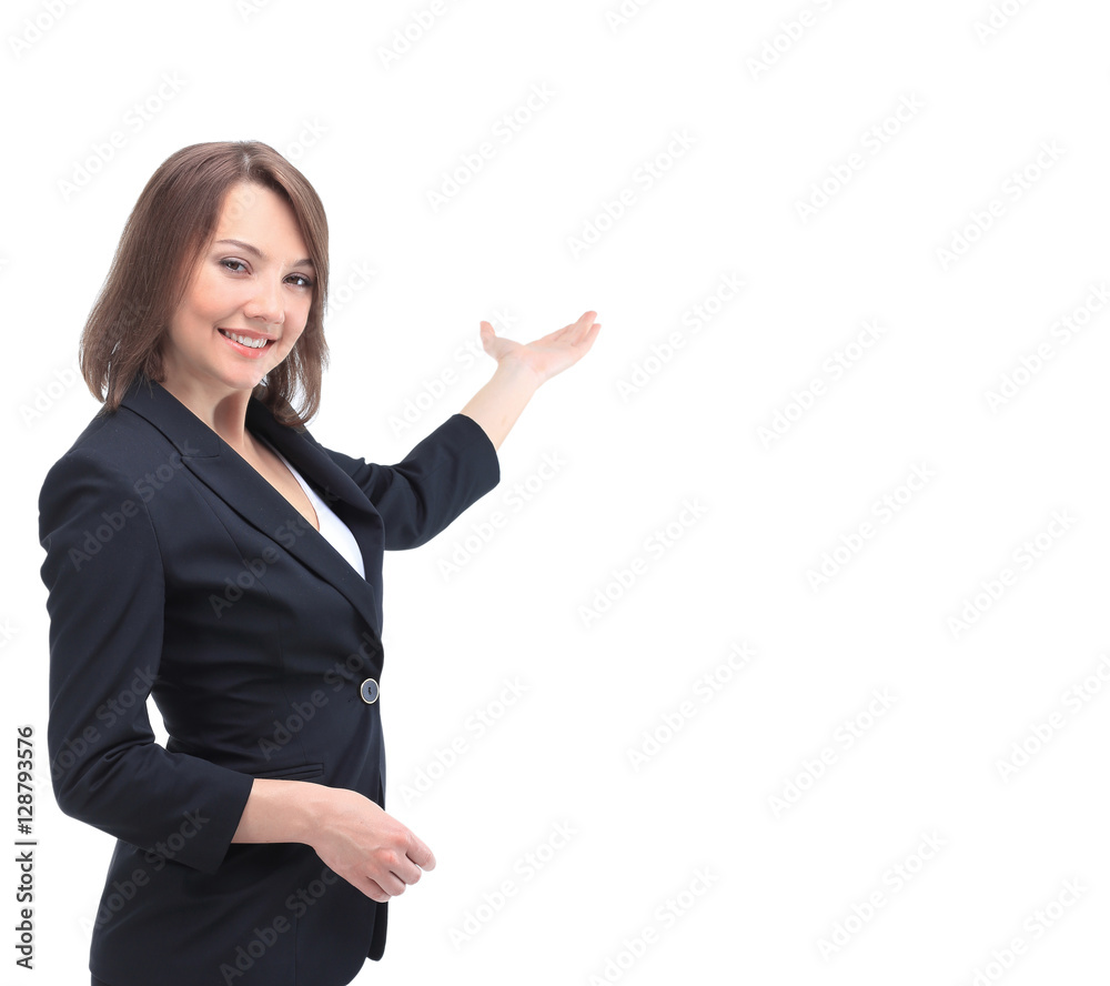 Smiling girl showing open hand palm with copy space for product Smiling girl showing open hand palm with copy space for product