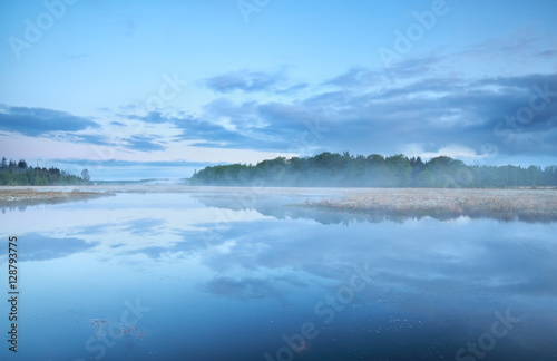misty morning on forest lake