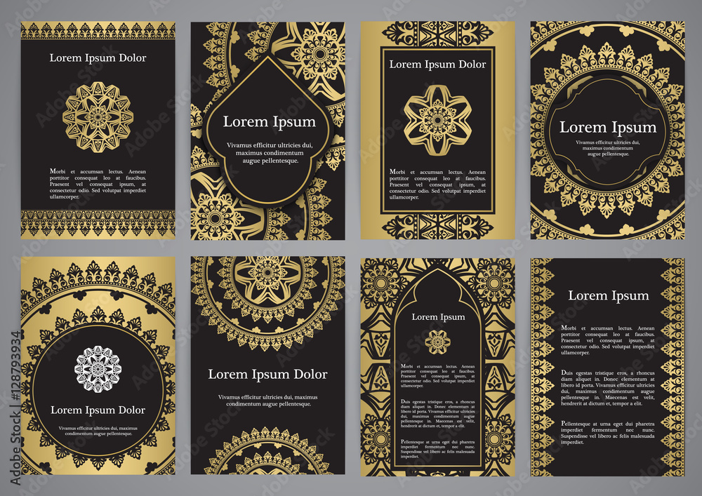 Vector templates with mandala in black, gold and white colors