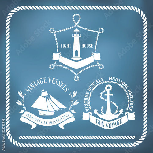 Nautical emblems  and signs with vessel, light house and anchor