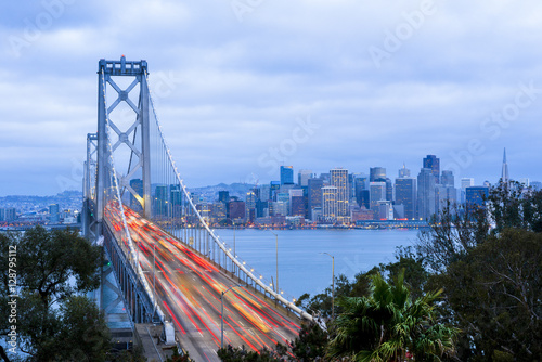 North America, USA, America, California, San Francisco, traffic on the bay bridge and downtown in the background
