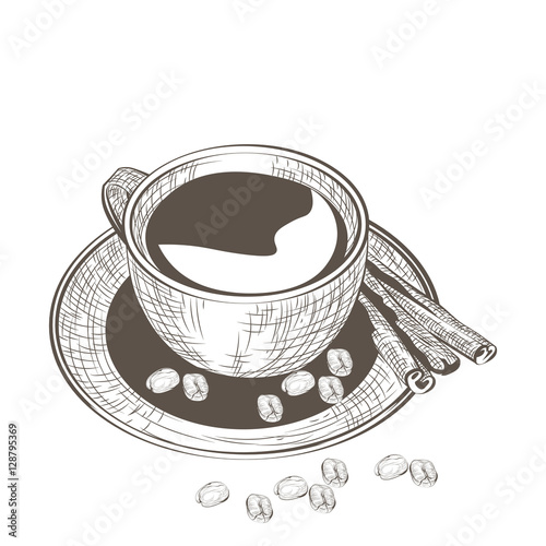 Cup of coffee with fresh beans. Vector illustration engraved sketch style. Ol...