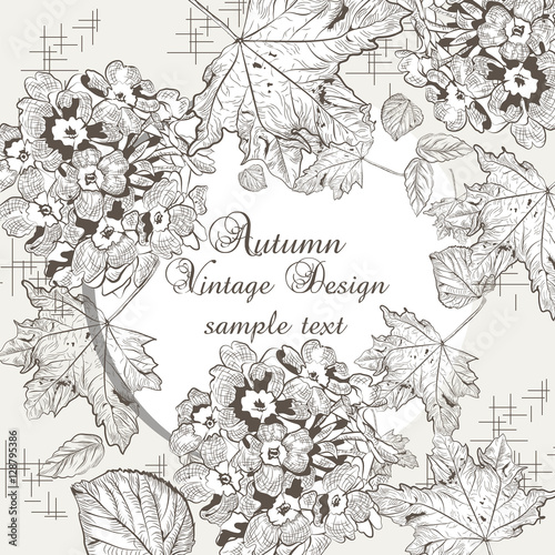 Autumn background with flowers and leaves. Vector fall season card. Old engraved illustration. Hand drawn ink technique