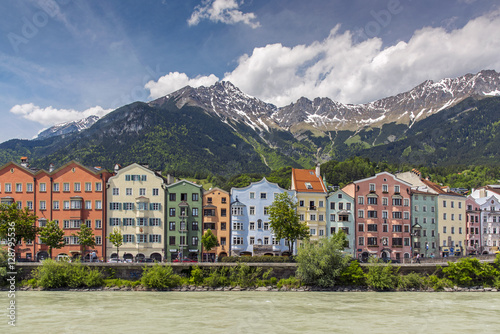 View of the colorful buildings along Inn river, Innsbruck, Tyrol, Austria