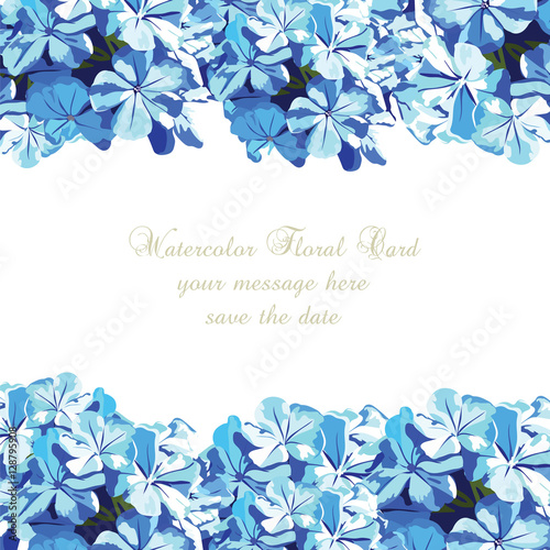 Fototapeta Naklejka Na Ścianę i Meble -  Watercolor Blue flowers card Vector. Vintage Elegant illustration for Women's day, birthday, Wedding, Ceremony, Anniversary