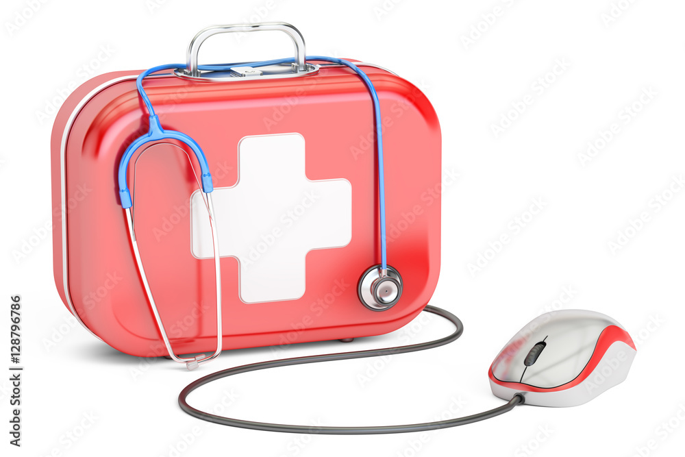 First Aid Kit and computer mouse. First Aid online concept , 3D First Aid Kit and computer mouse. First Aid online concept , 3D