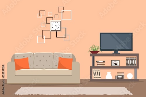 Living room in orange color with a sofa and a home cinema. There is a square clock on the wall in the picture. Vector flat illustration.