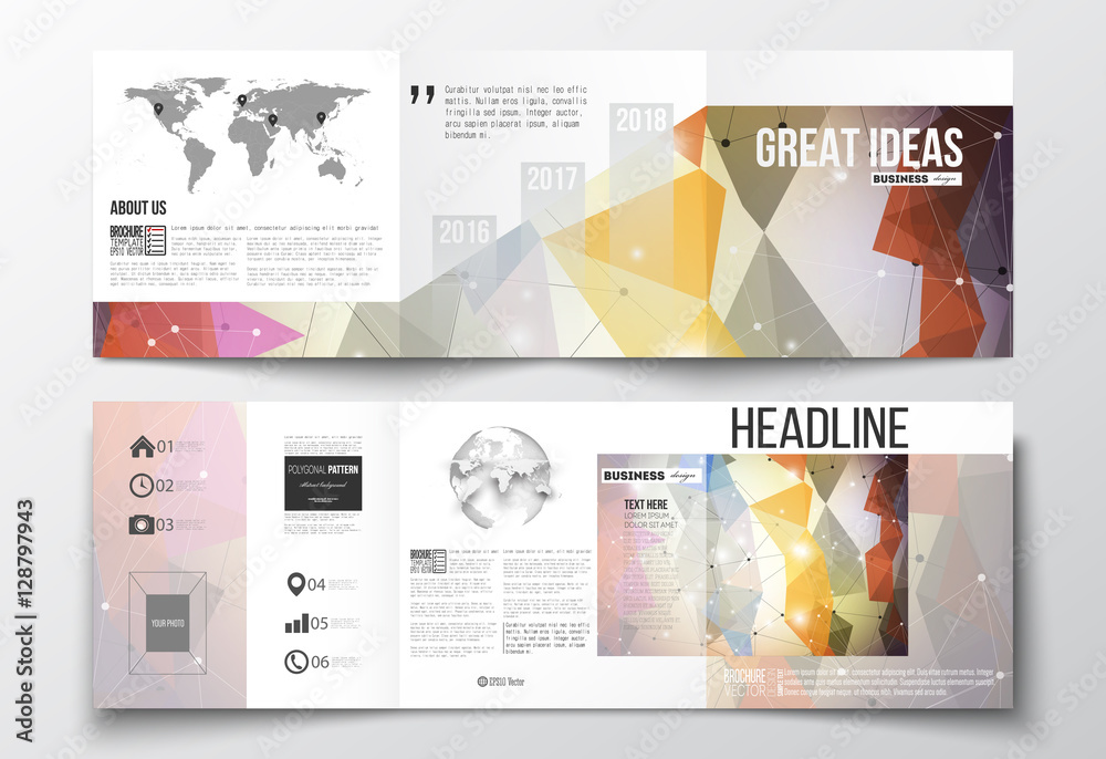 Tri-fold brochures, square design templates. Molecular construction with connected lines and dots, scientific pattern on abstract colorful polygonal background, modern stylish triangle vector texture