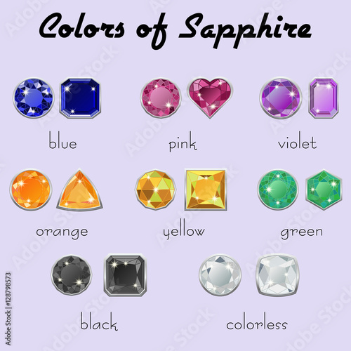 Set of crystals in different types of cuts of precious stone Sapphire in realistic shapes in natural tints of different colors with silver edging. Vector illustration