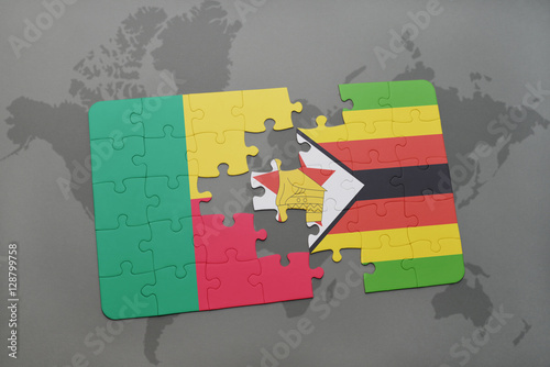 puzzle with the national flag of benin and zimbabwe on a world map