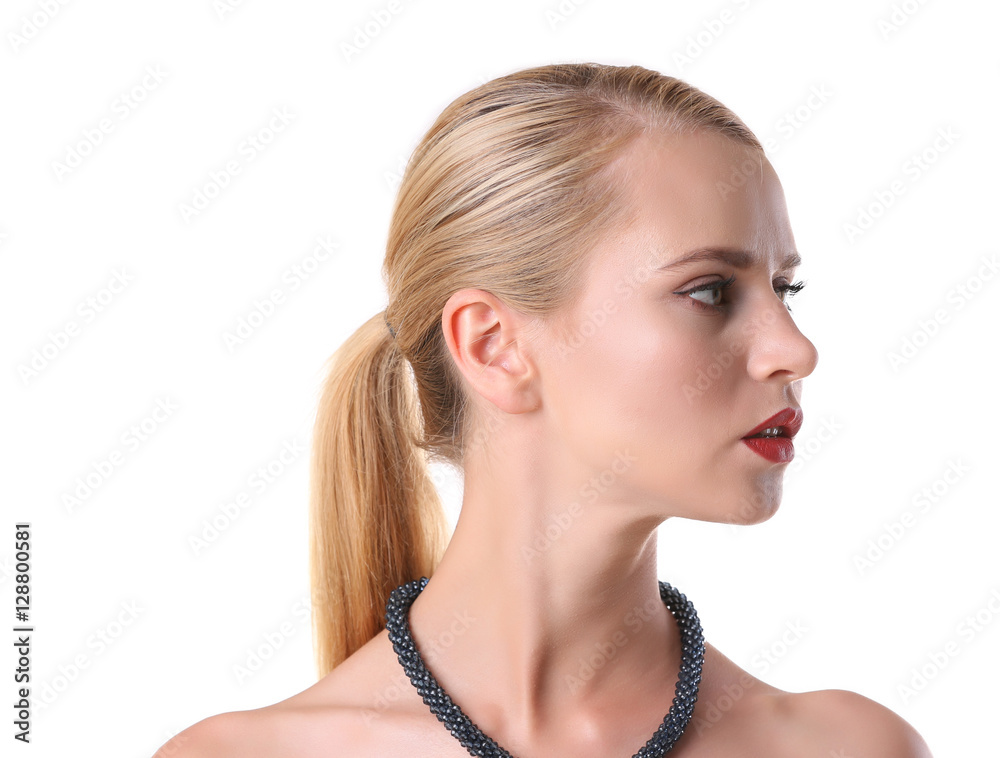 Young woman with stylish necklace on white background Young woman with stylish necklace on white background