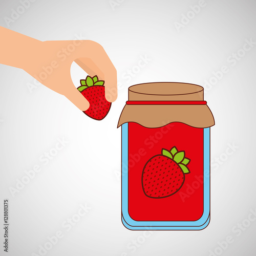 hand puts strawberry jar jam vector illustration eps 10