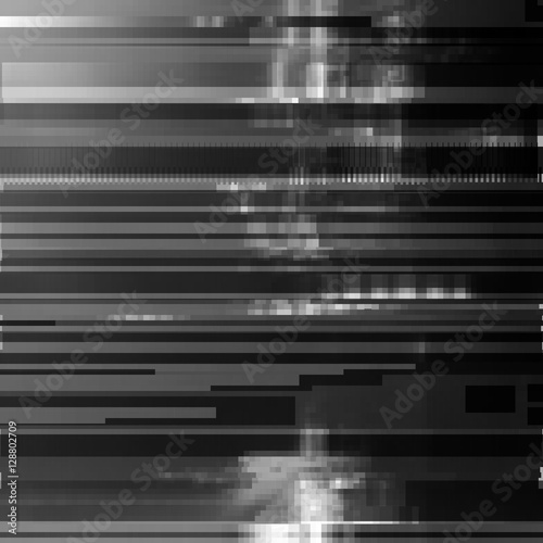 Glitched abstract vector background made of black color pixel mosaic. Digital decay, signal error, television fail. Trendy design for print poster, brochure cover, website and other projects.