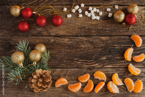 Christmas Background. Tangerines. Mandarins. Horizontal.