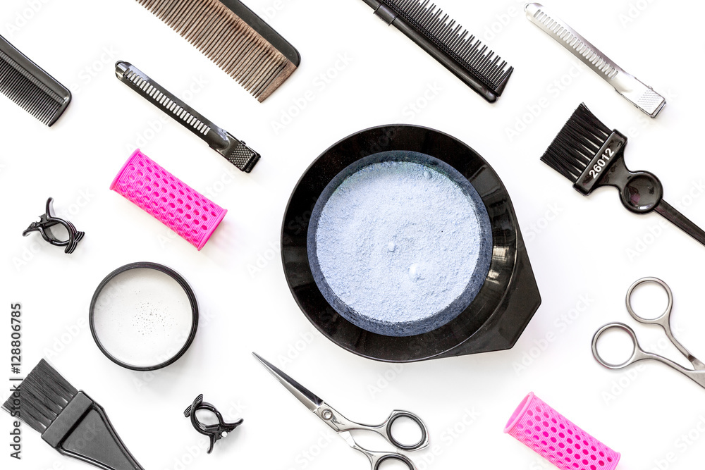 Tools for hair dye and hairdye top view white background Tools for hair dye and hairdye top view white background